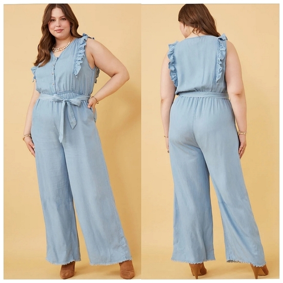 NWT Hayden Blue Tencel Buttoned Ruffle Tank Frayed Wide Leg Belted Jumpsuit - Picture 7 of 15